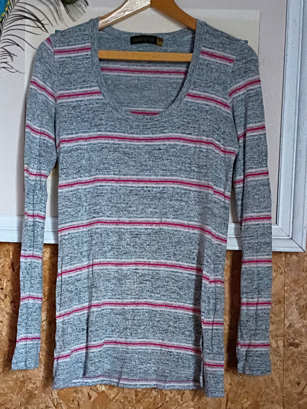 Saint Grace Gray & Pink Striped Long-Sleeve Women's Top Nice Soft Casual Comfy